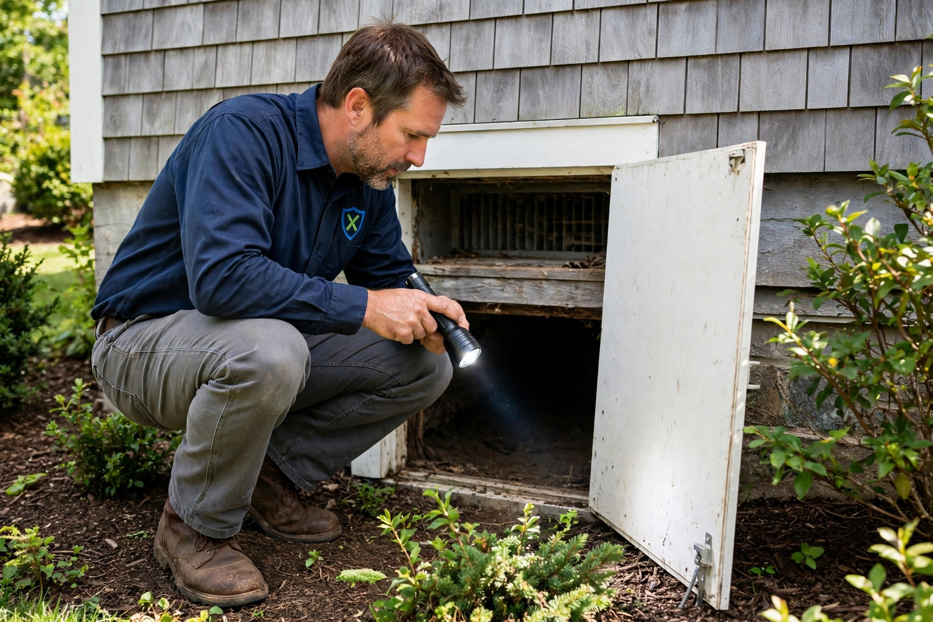 PXP technician in a navy uniform crouched at a home's crawl-space entrance, inspecting it with a flashlight