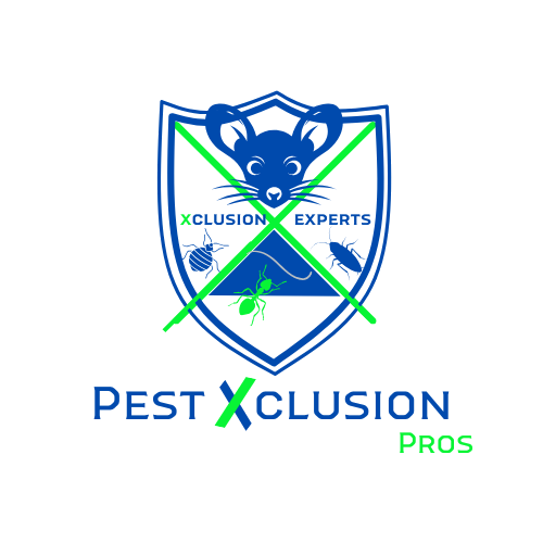 Pest Xclusion Pros shield logo — shield with a mouse and pests, crossed out by the green X