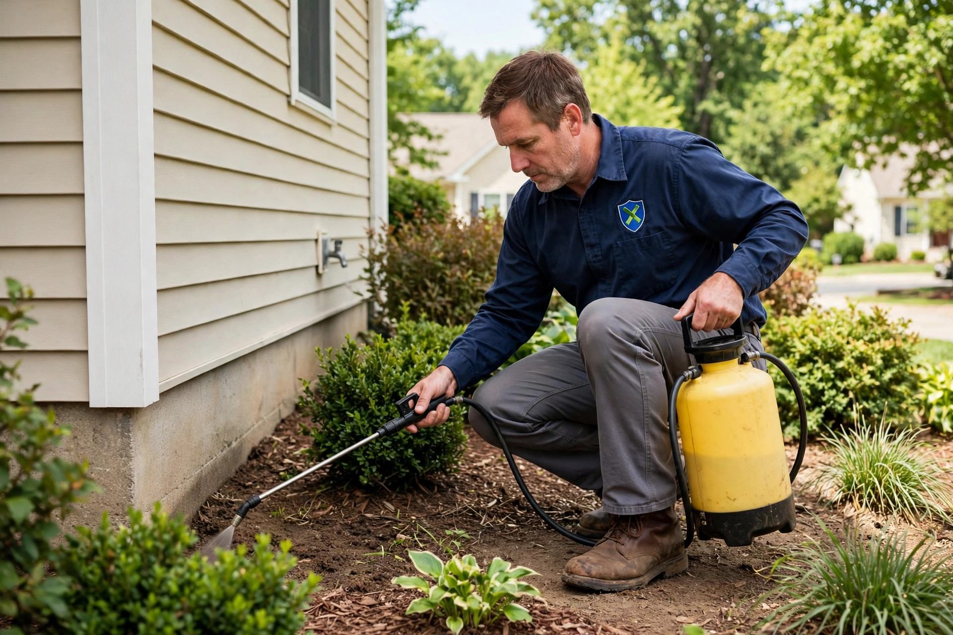 PXP technician in a navy uniform applying a targeted treatment along the foundation of a home