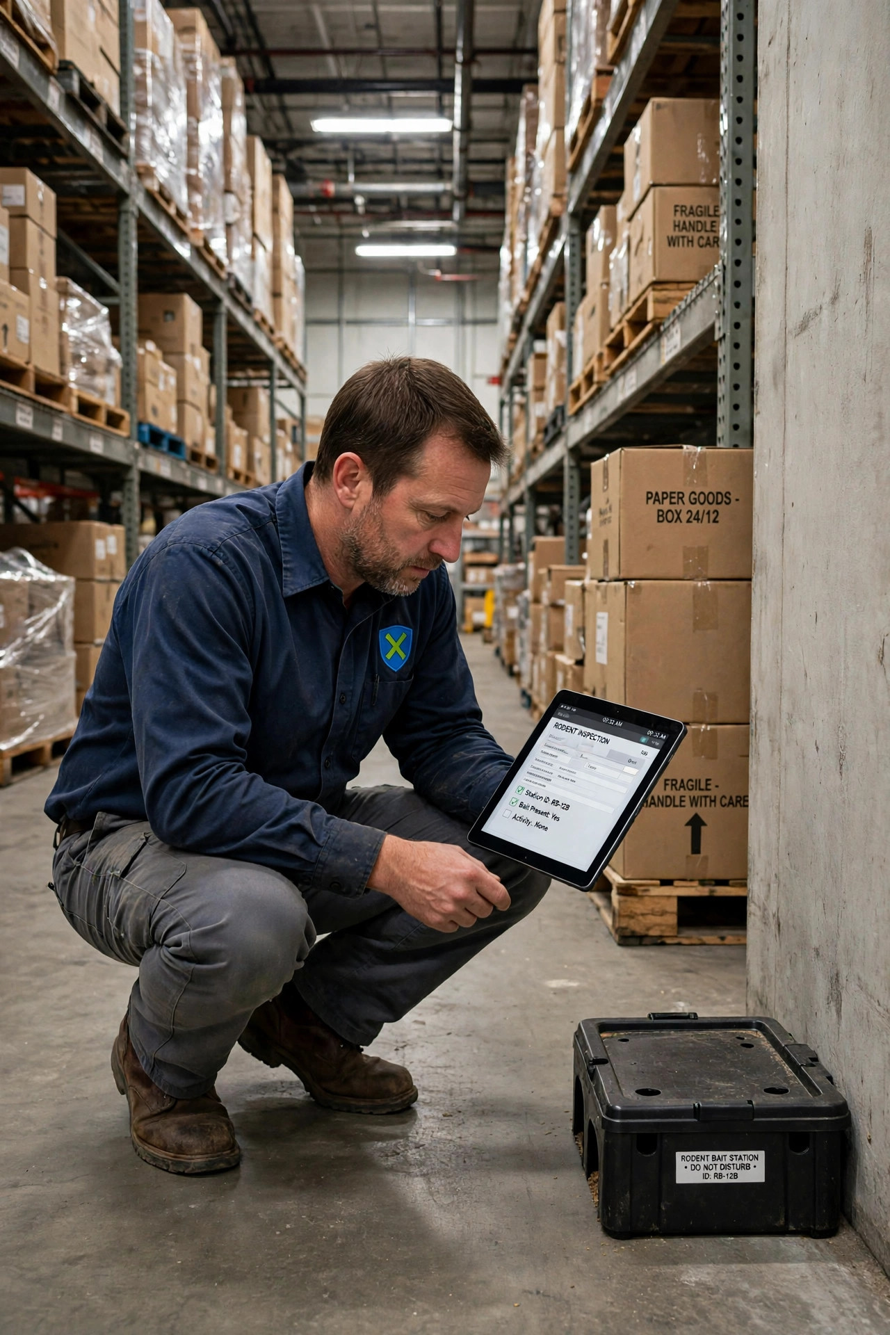 PXP technician in a navy uniform checking a rodent bait station in a warehouse aisle and logging the service on a tablet